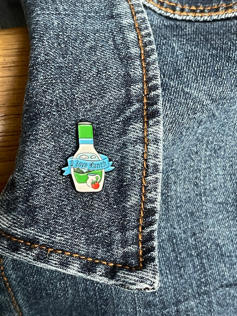 I love ranch enamel pin on a jean jacket