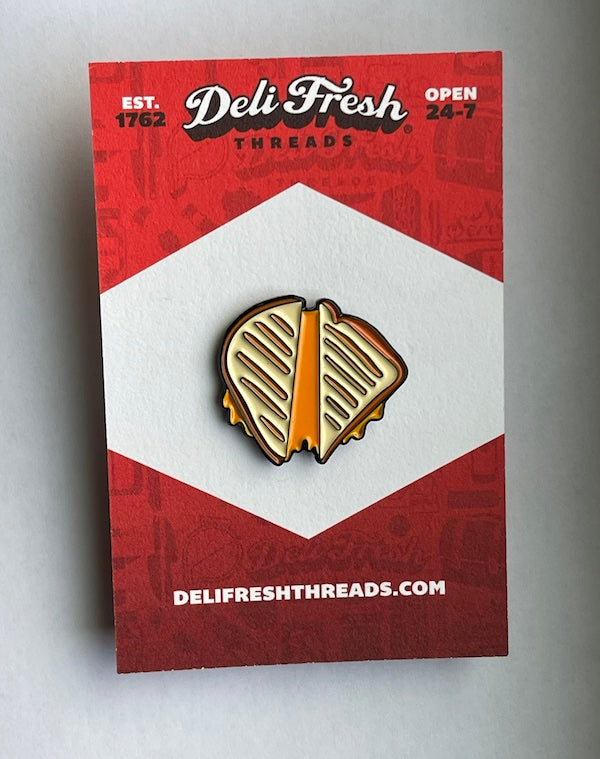 Grilled Cheese enamel pin with backing 