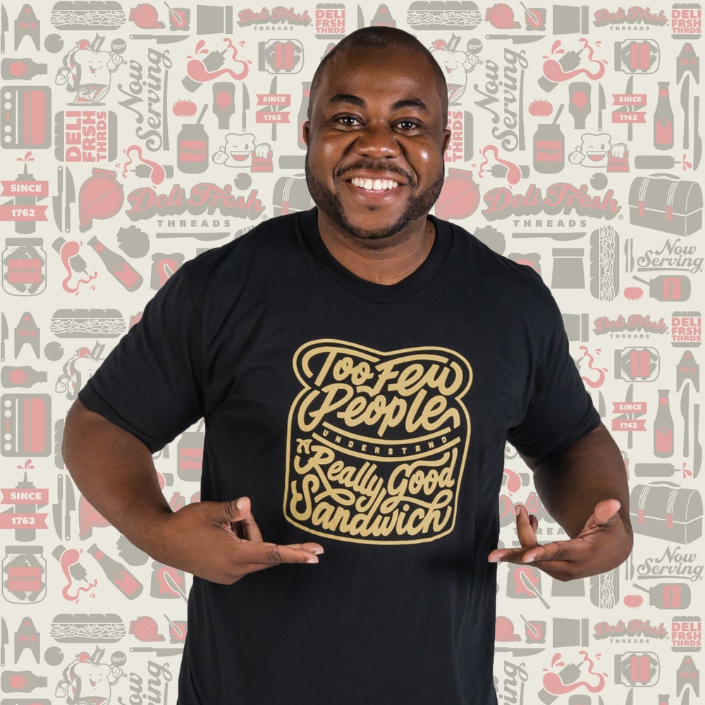 Guy wearing a Beard Sandwich Quote t-shirt