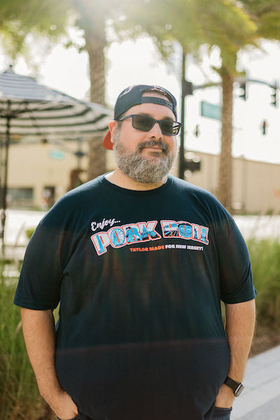 Guy wearing a New Jersey Taylor Ham Pork Roll T-shirt