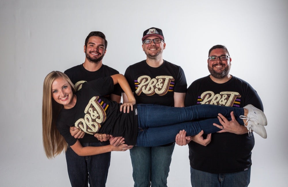 Group photo of everyone wearing a Peanut Butter and Jelly Sandwich T-shirt