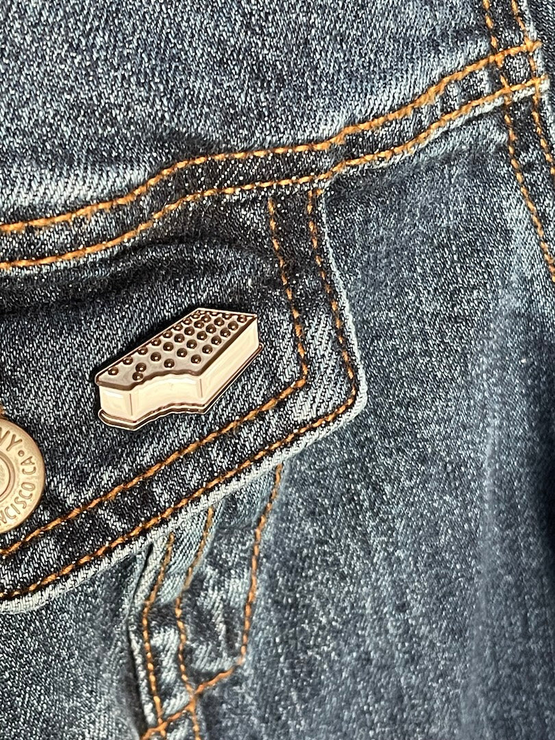 ice Cream Sandwich enamel pin on a jean jacket