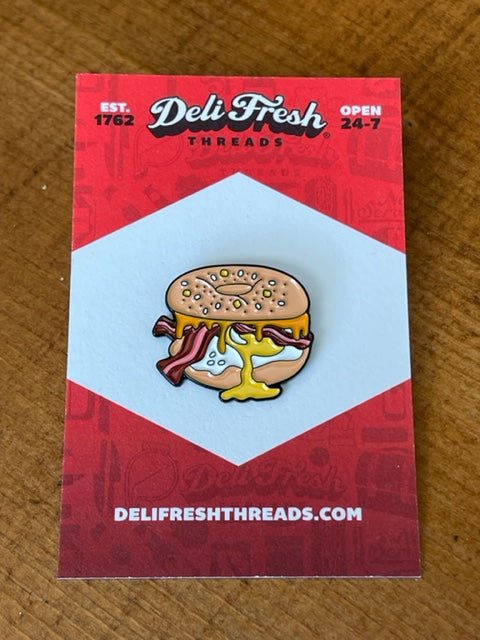 Bacon Egg and Cheese Bagel Enamel Pin with paper backing