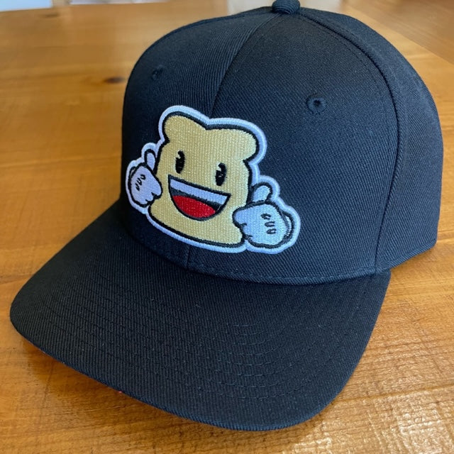 Hat with a Biggie Bread mascot embroidered on front