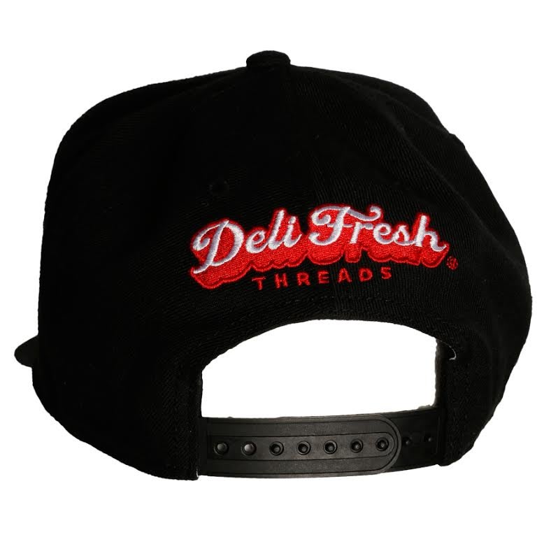 Back of snapback with Deli Fresh Threads embroidered