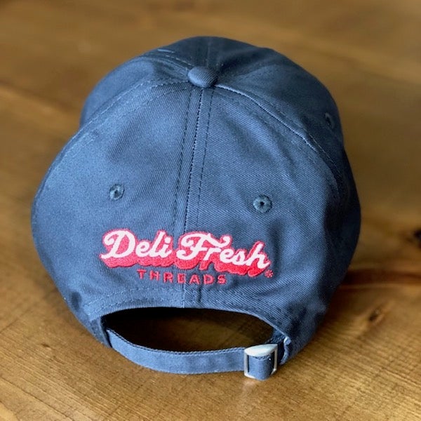 back of relaxed fit charcoal hat.  Deli Fresh Threads embroidered back