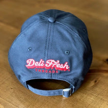 Load image into Gallery viewer, back of relaxed fit charcoal hat.  Deli Fresh Threads embroidered back
