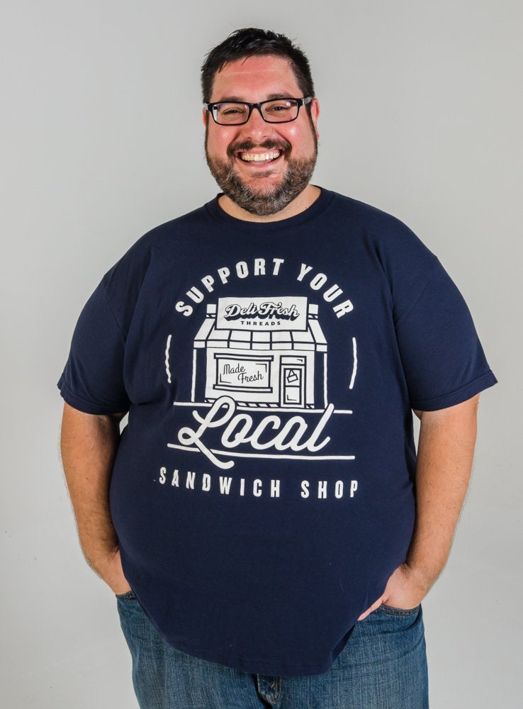 Guy wearing support local sandwich shop t-shirt