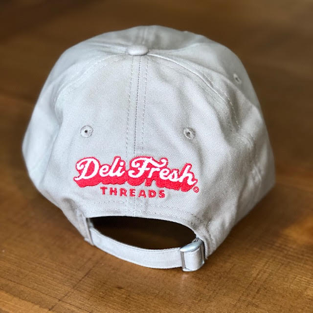 back of the relaxed fit hat with Deli Fresh Threads embroidered 
