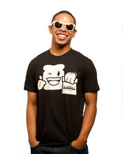 Load image into Gallery viewer, Guy wearing sunglasses smiling wearing a black Deli Fresh Threads Biggie Bread T-shirt
