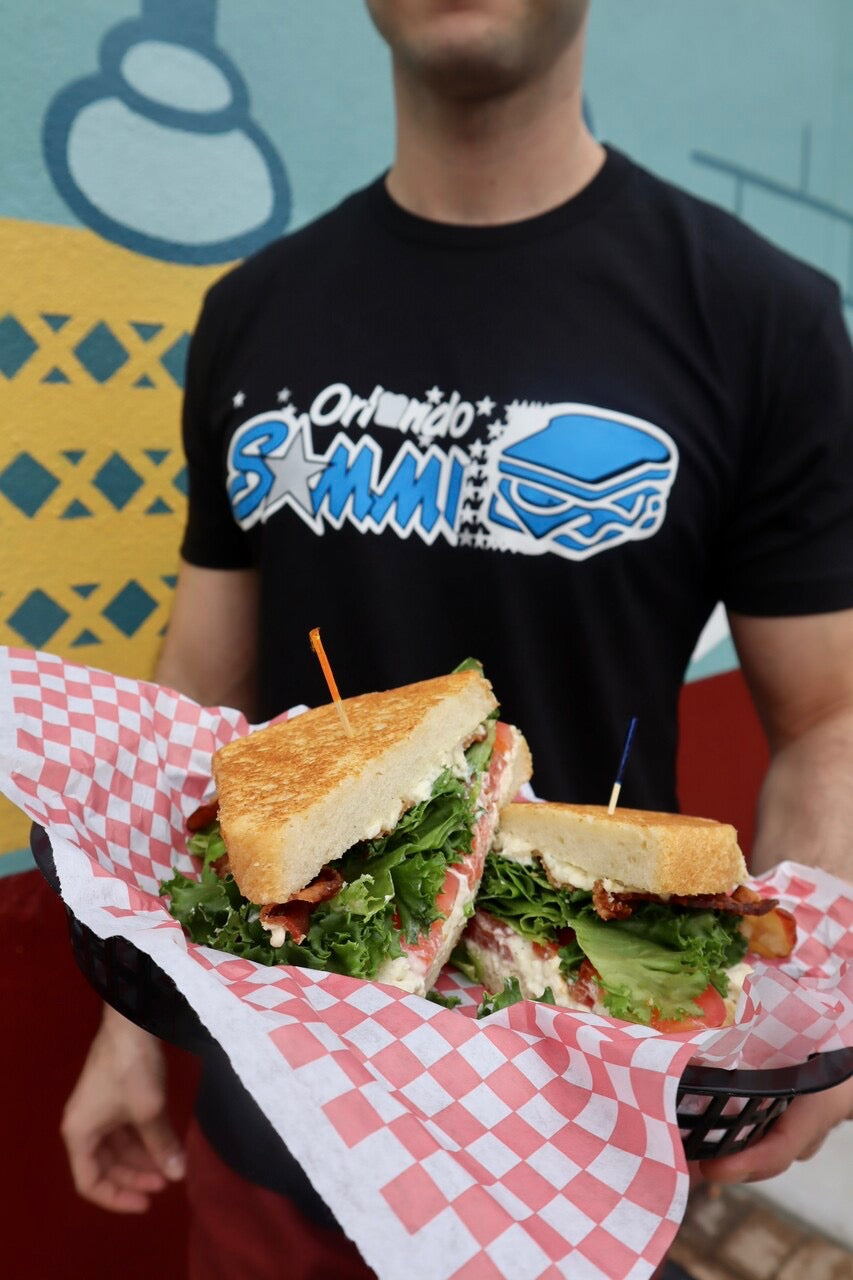 Orlando Sammi Shirt with a sandwich from Gnarly Barley