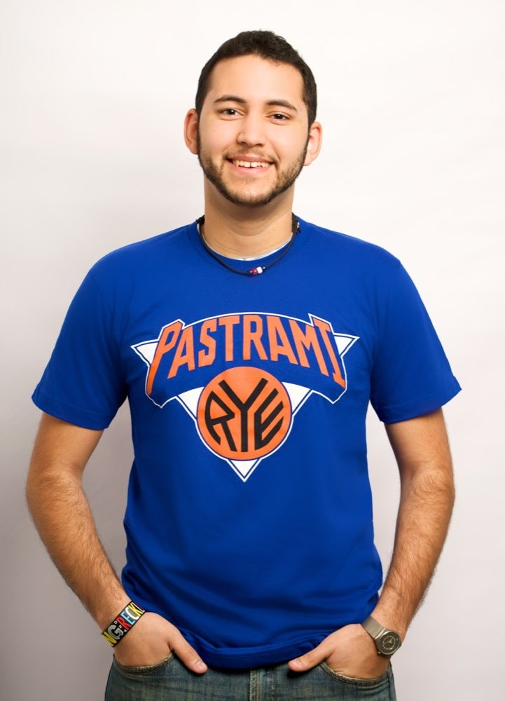 Guy wearing New York Pastrami on Rye shirt
