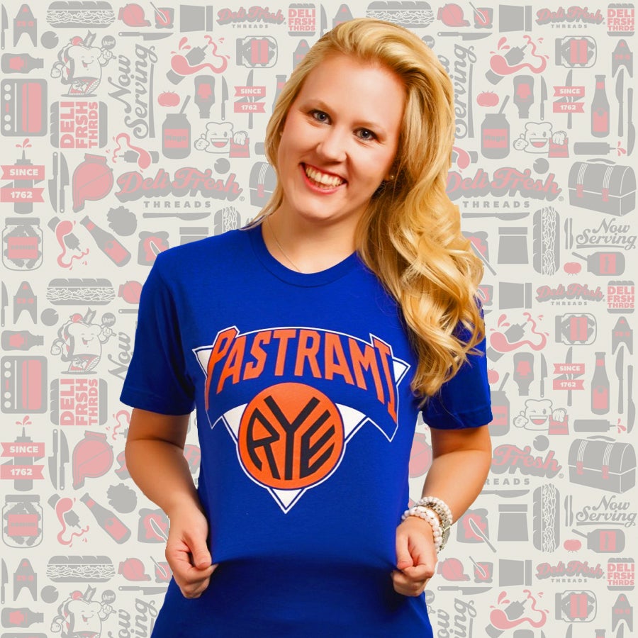 Girl wearing a New York Pastrami on Rye T-shirt