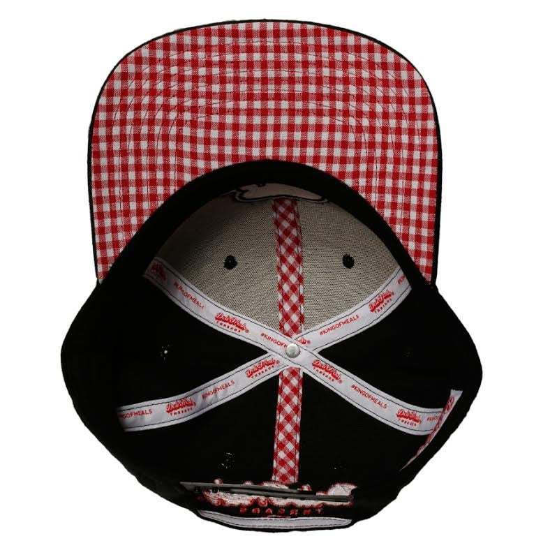 inside of snapback with red gingham under the brim 