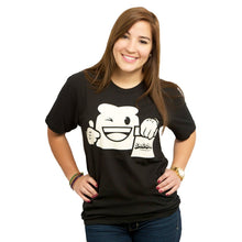 Load image into Gallery viewer, Girl smiling wearing a black Deli Fresh Threads Biggie Breads T-shirt
