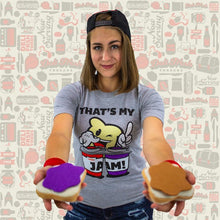Load image into Gallery viewer, Girl wearing a That&#39;s My Jam t-shirt- Biggie Bread as a DJ spinning Jam
