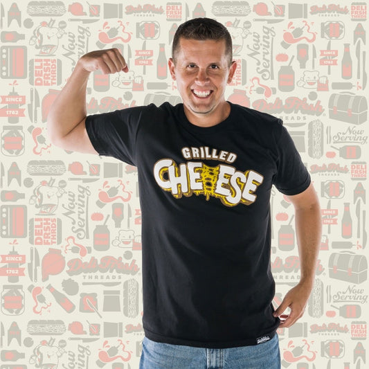 Guy flexing and wearing a black Grilled Cheese T-shirt