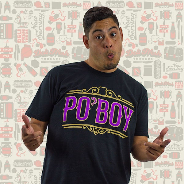 Guy wearing a Louisiana Po'Boy t-shirt